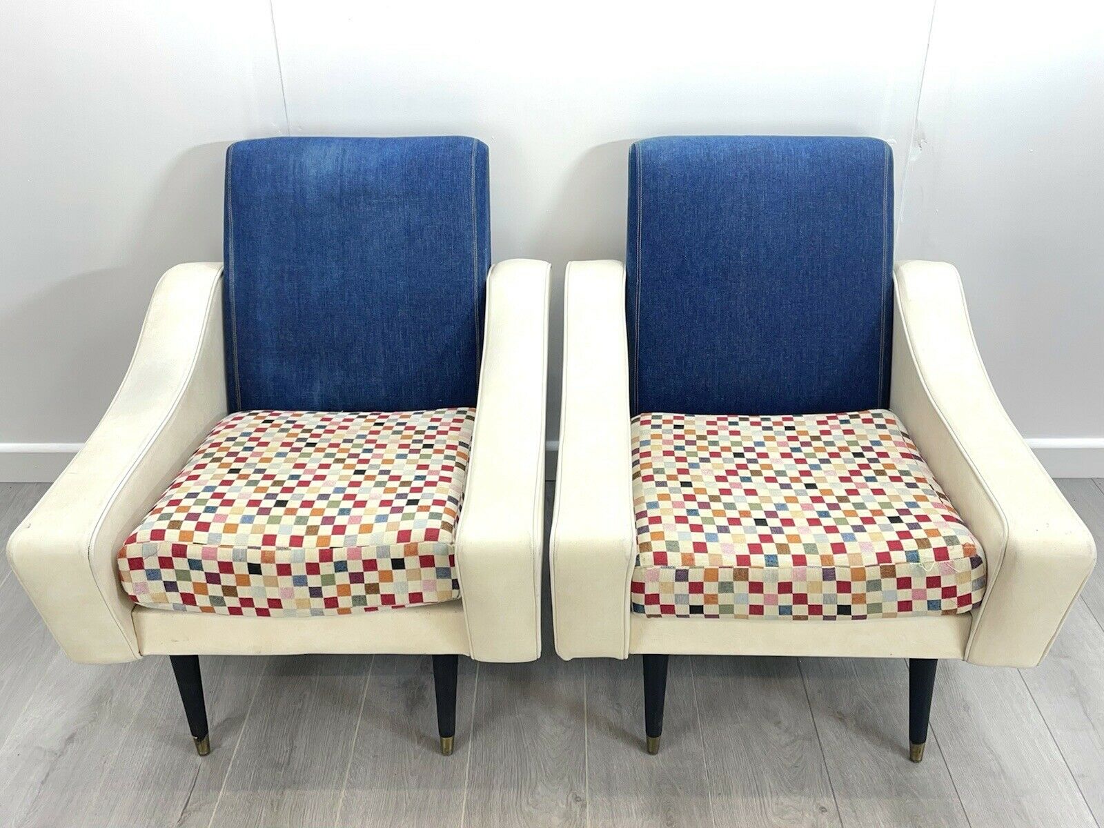 Pair of Retro, White Leather and Denim Lounge Chairs