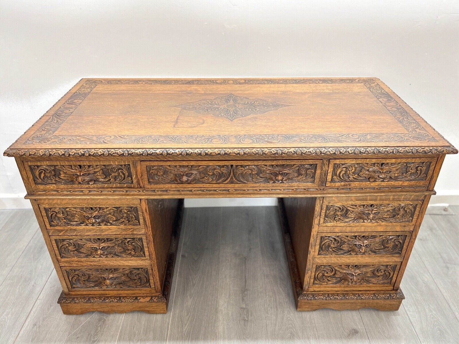 19th Century, Carved Oak, Flemish Style / Green Man Double Pedestal Desk