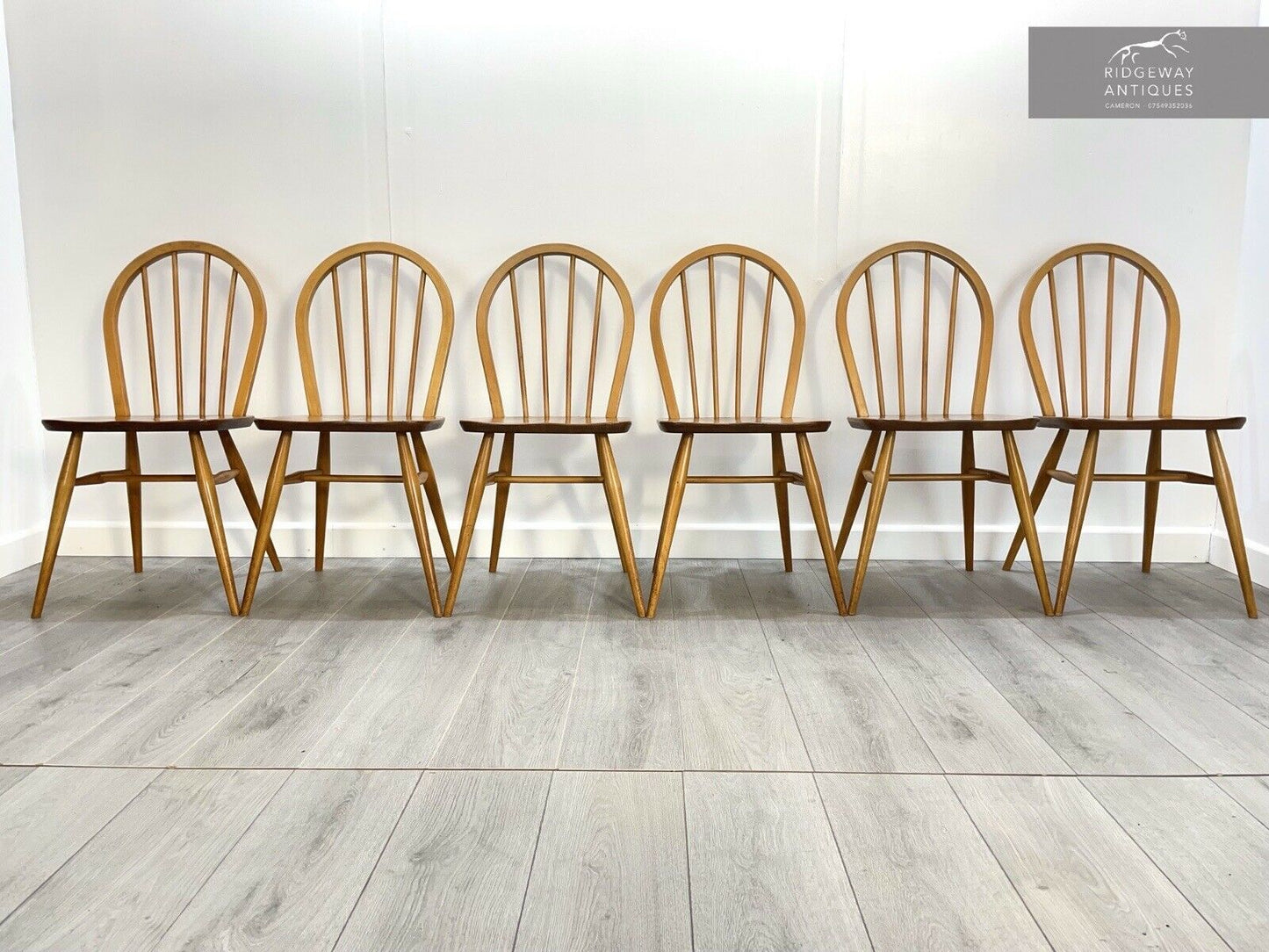 Ercol Model 400, Set of 6, Vintage Elm Hoop Back Kitchen Chairs