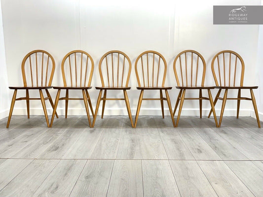Ercol Model 400, Set of 6, Vintage Elm Hoop Back Kitchen Chairs