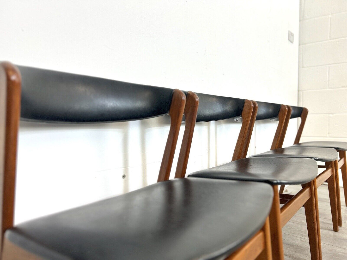 Sax, Set of 4 Mid Century Teak and Leatherette Dining Chairs
