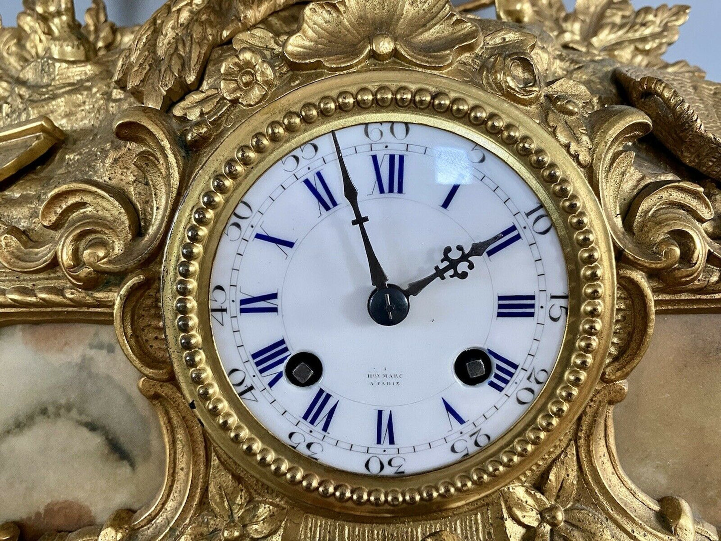 Henry Marc Paris, Gilt Bronze Mantel Clock With AD Mougin Movement