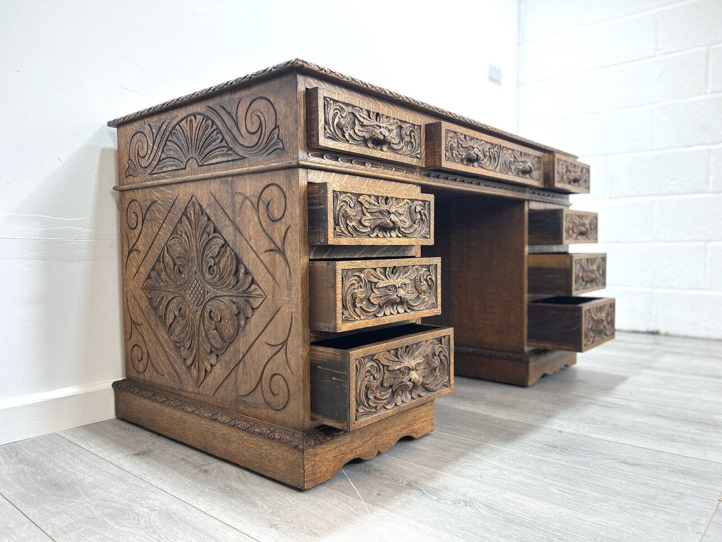 19th Century, Carved Oak, Flemish Style / Green Man Double Pedestal Desk