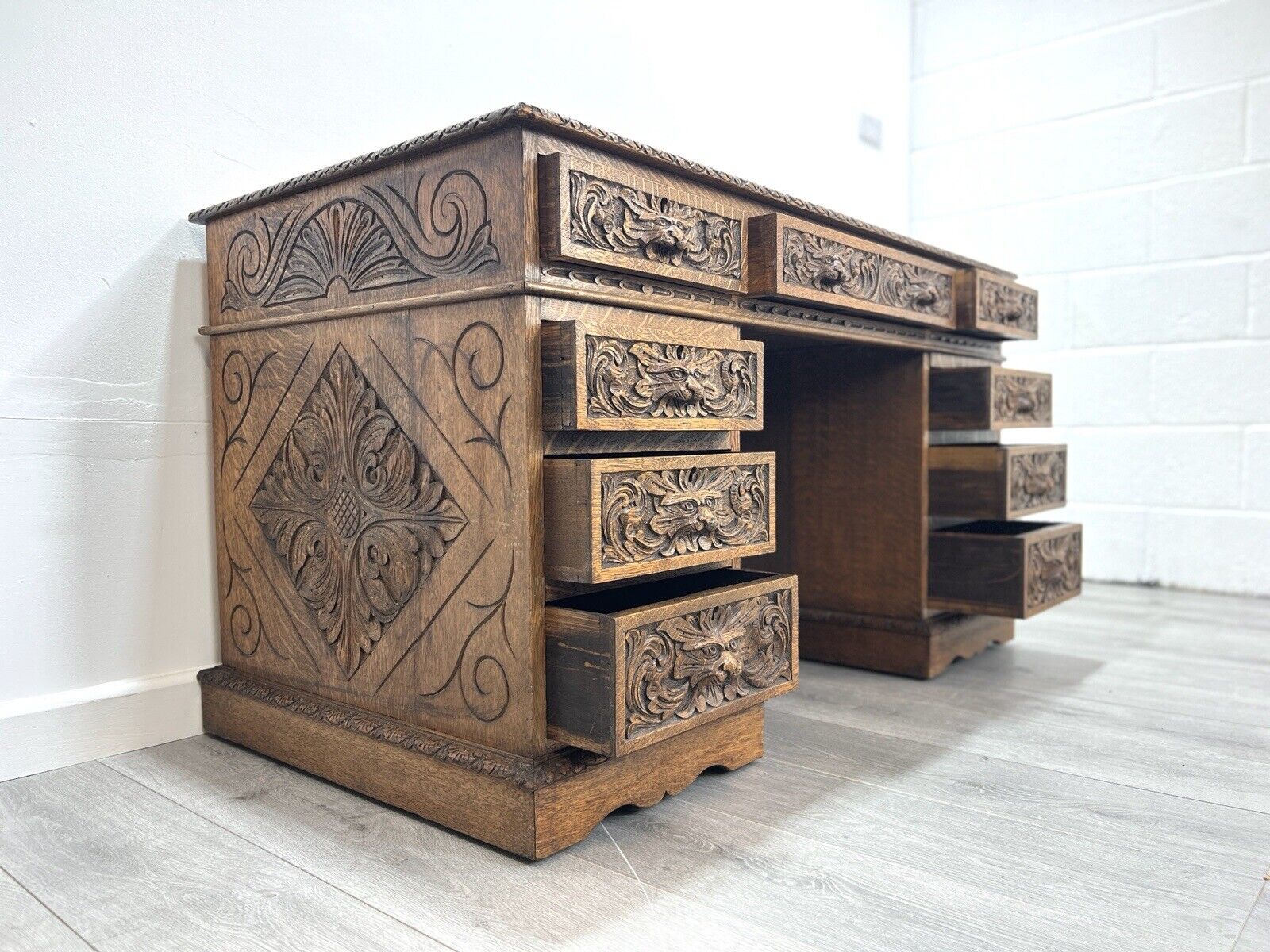 19th Century, Carved Oak, Flemish Style / Green Man Double Pedestal Desk
