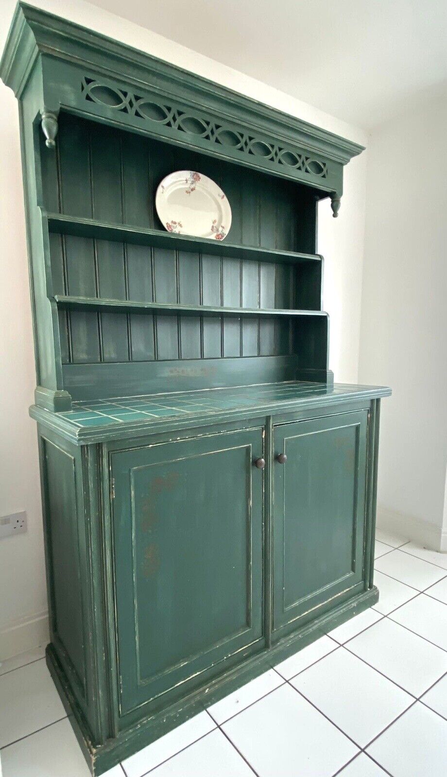 Vintage, Rustic Handmade Green Painted Dresser With Tiled Top