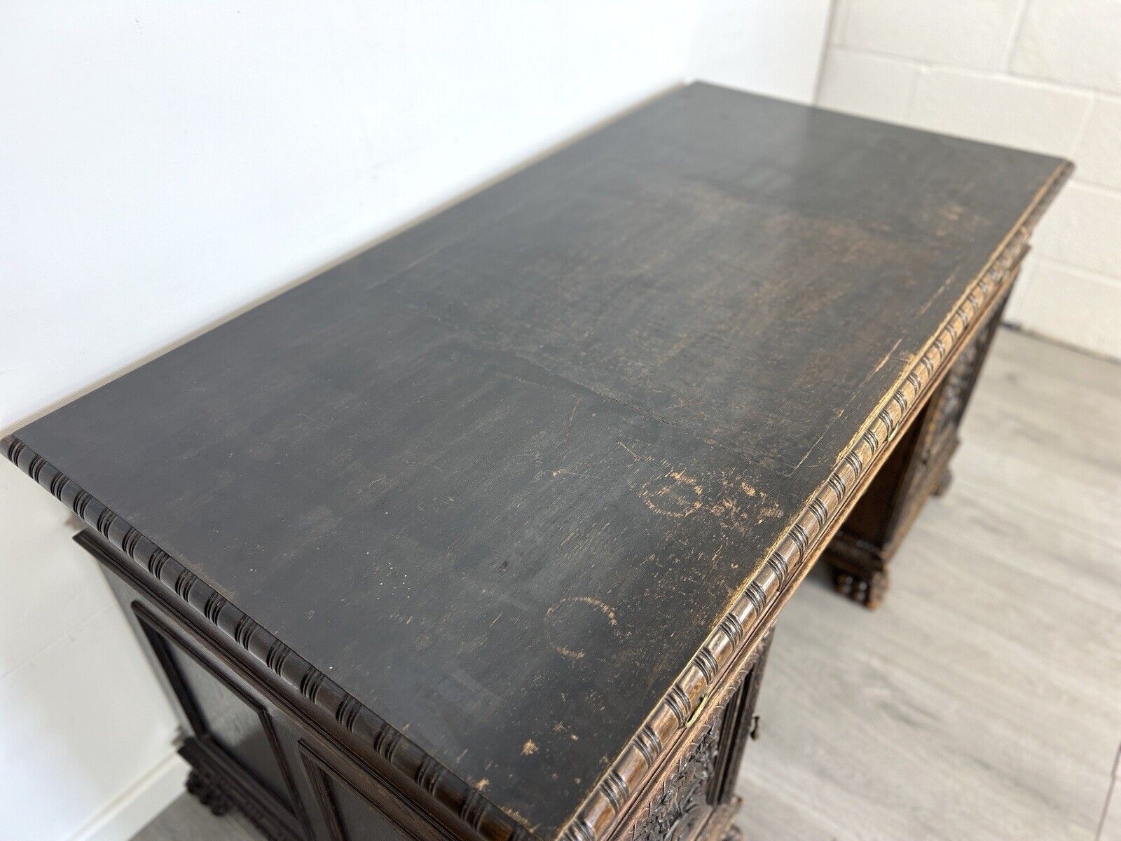 19th Century, Carved Oak Double Pedestal Desk