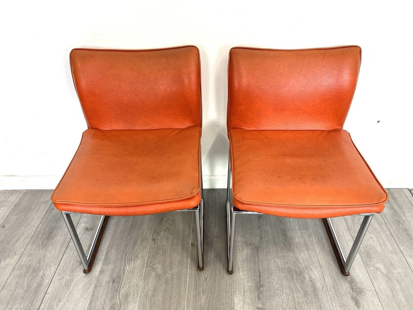 Pieff Epee, Pair of Chrome and Orange Leather Dining Chairs
