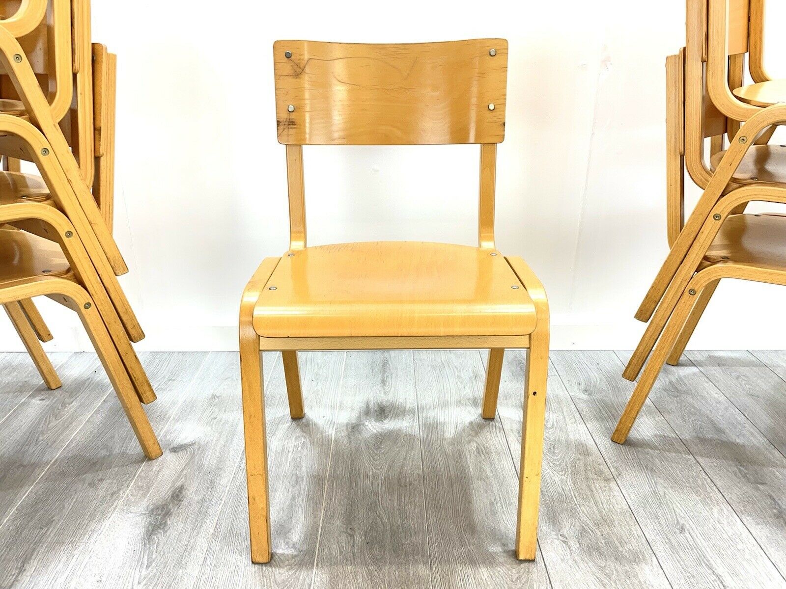 Vintage Plywood Stacking Adult Size School Chairs - 8 Available