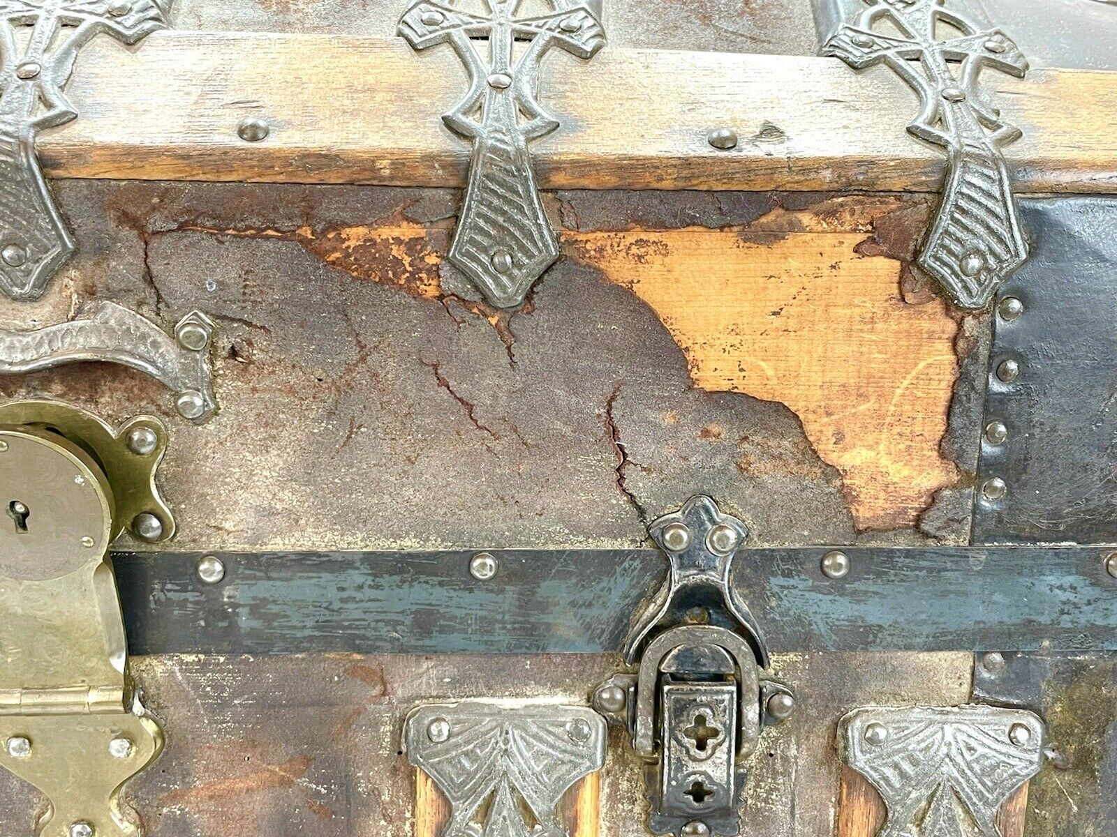 A 19th Century, Dome Topped, Iron Bound Steamer Trunk / Chest With Original Interior