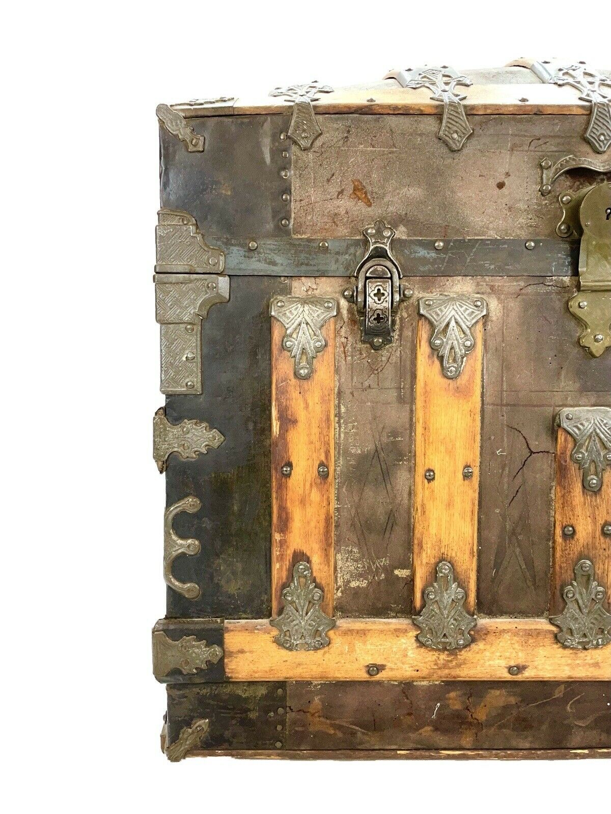 A 19th Century, Dome Topped, Iron Bound Steamer Trunk / Chest With Original Interior
