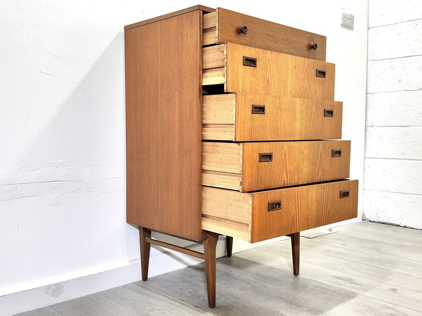 Nathan, Mid Century Teak Tallboy / 5 Drawer Chest of Drawers