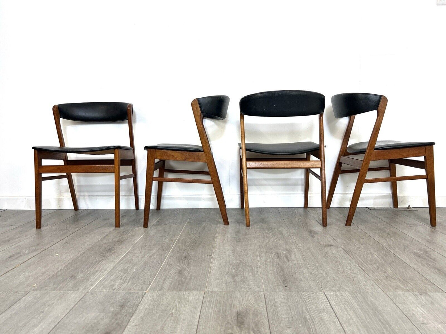 Sax, Set of 4 Mid Century Teak and Leatherette Dining Chairs