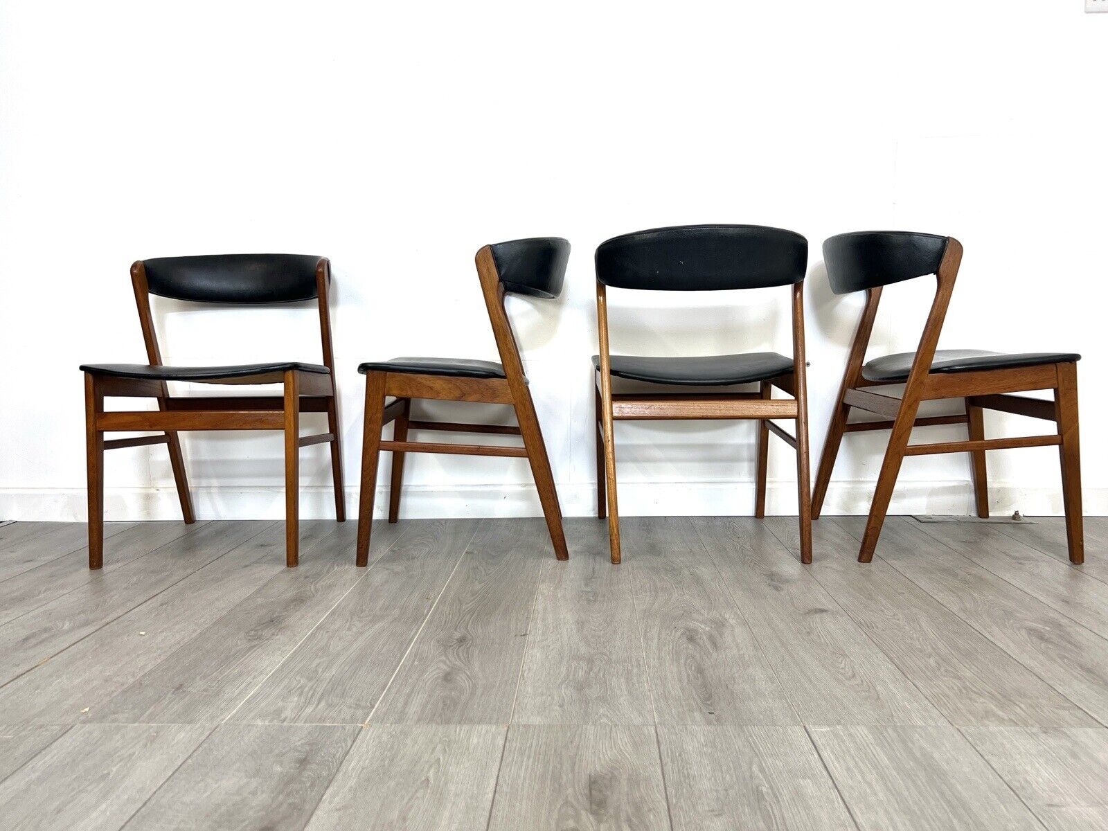 Sax, Set of 4 Mid Century Teak and Leatherette Dining Chairs