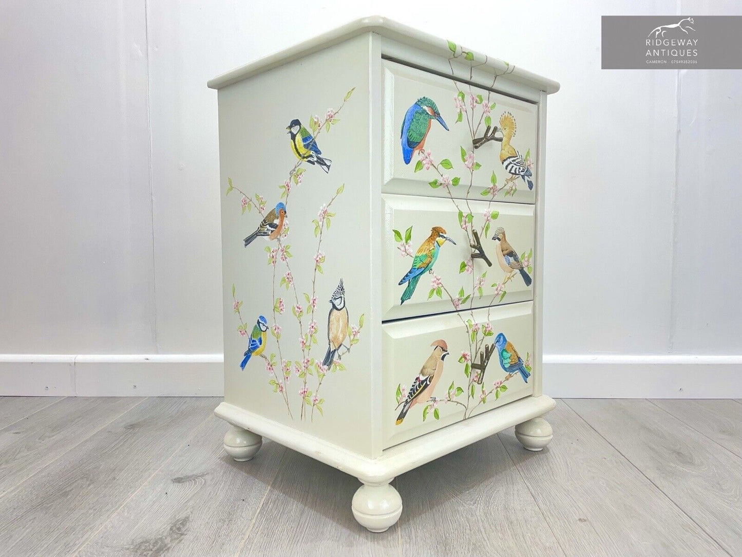 A Hand Painter Bedside Chest of Drawers with British Birds, By Aileen Carash
