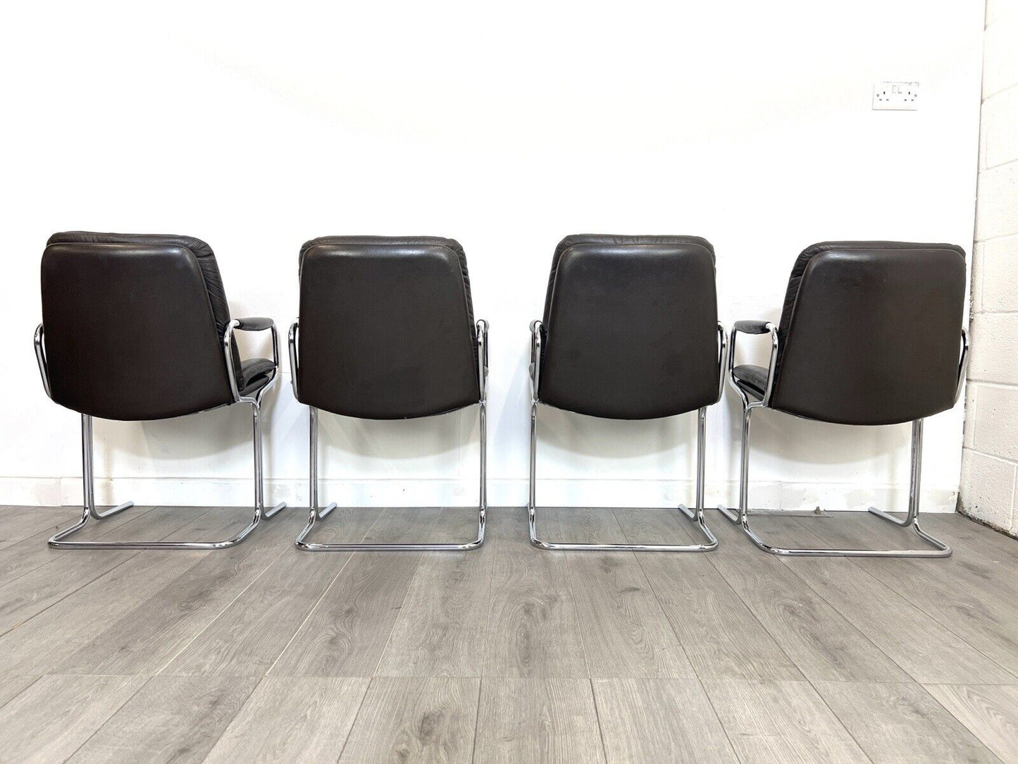 Pieff Eleganza, Set of 4 Chrome and Brown Leather Dining Chairs