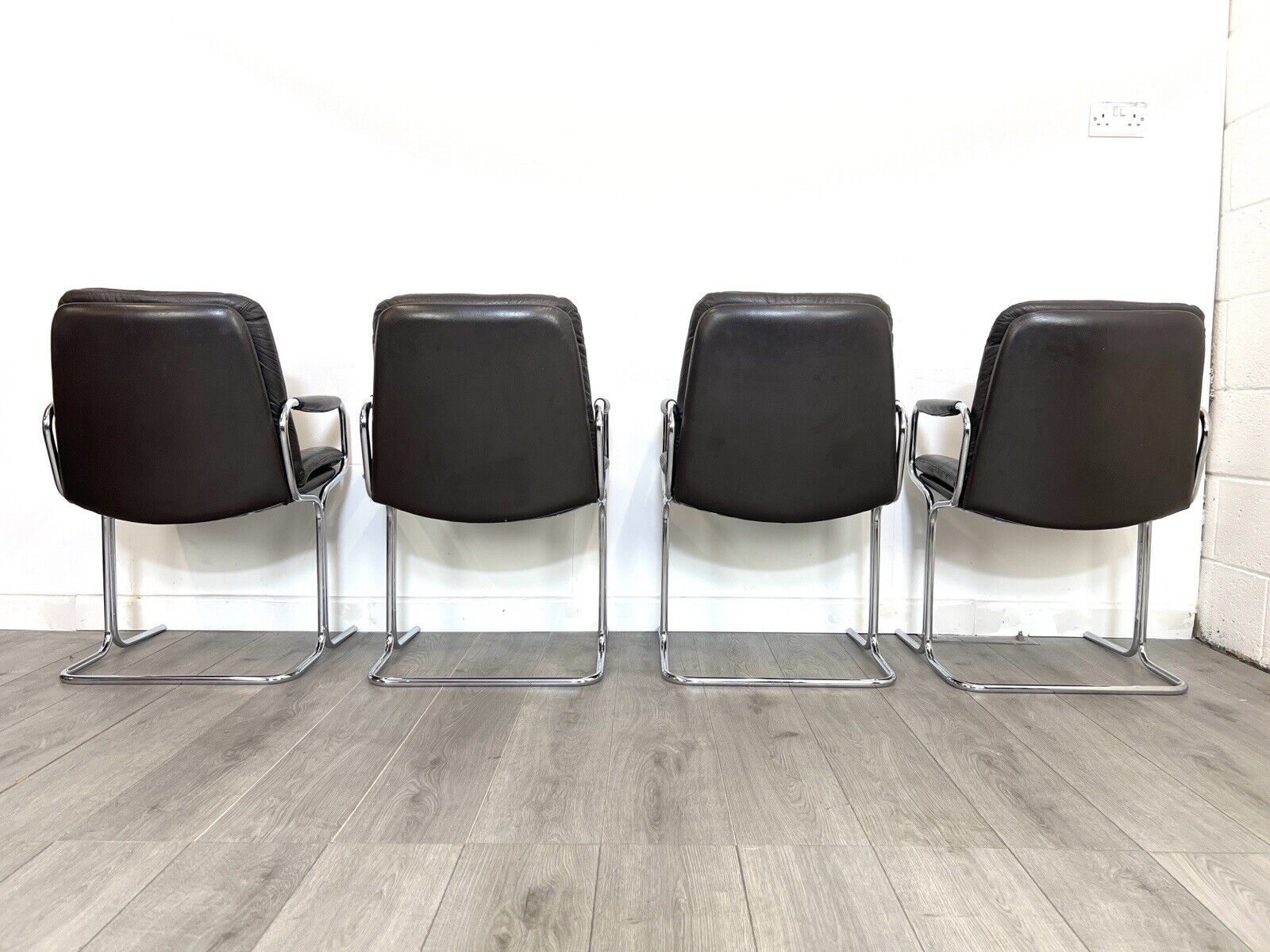 Pieff Eleganza, Set of 4 Chrome and Brown Leather Dining Chairs