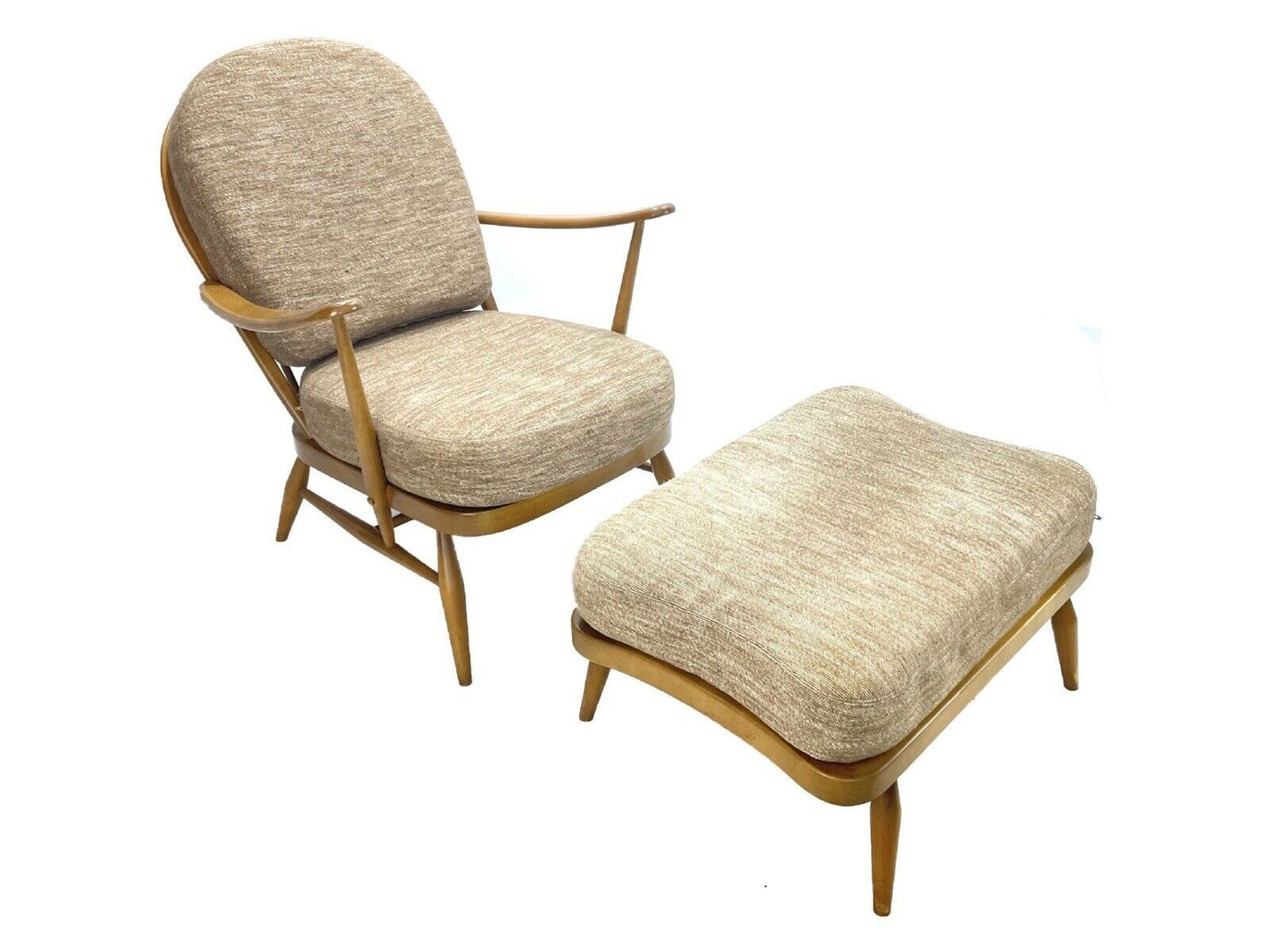 Ercol Armchair No. 203 and Matching Foot Stool No. 341 WITH Beige Cushions