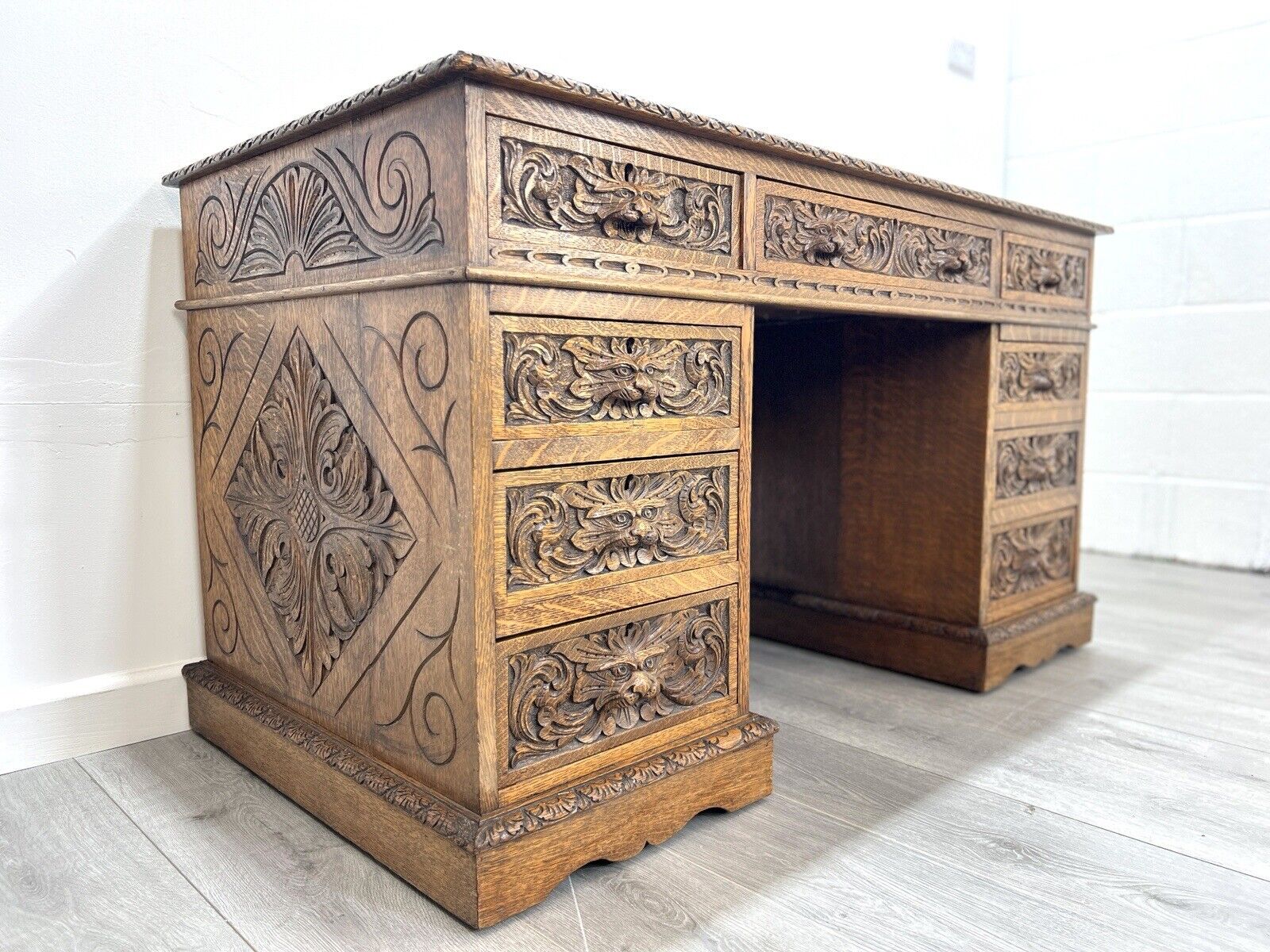 19th Century, Carved Oak, Flemish Style / Green Man Double Pedestal Desk