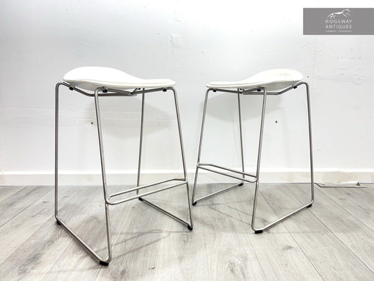 Pair of Modern White Leather Stools on a Stainless Steel Base