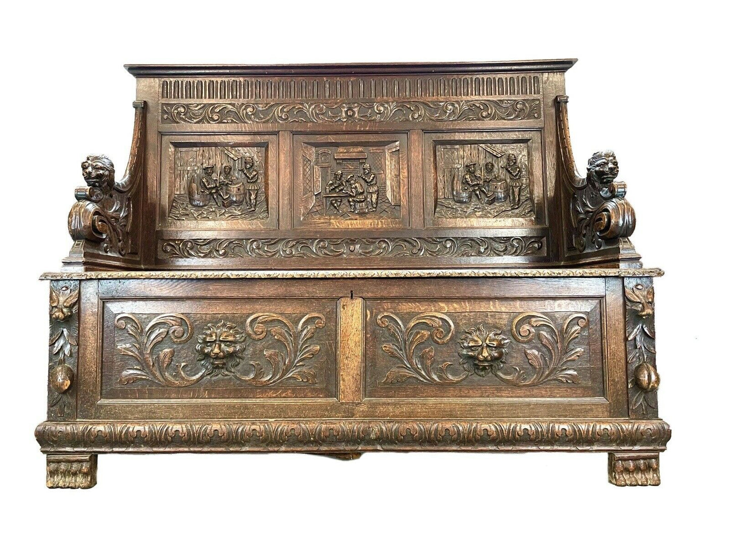 A Carved, 19th Century, Flemish Style, Oak Bench / Settle