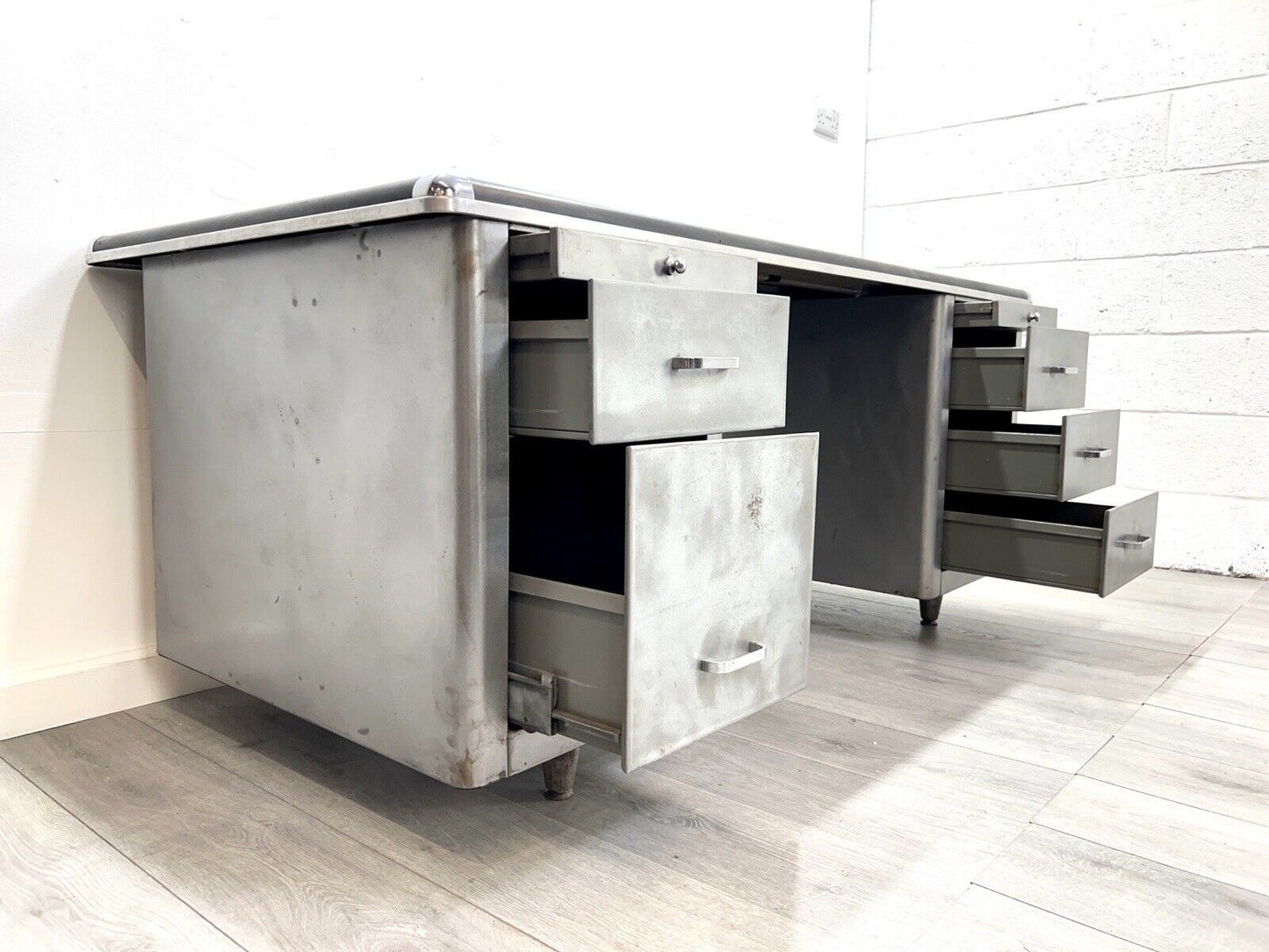 Vintage Steel Double Pedestal Tanker Desk with Leatherette Top