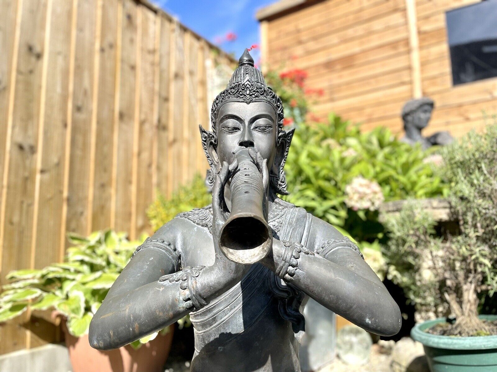Bronzed Garden Water Feature of a Sitting Deity / Goddess Playing An Instrument
