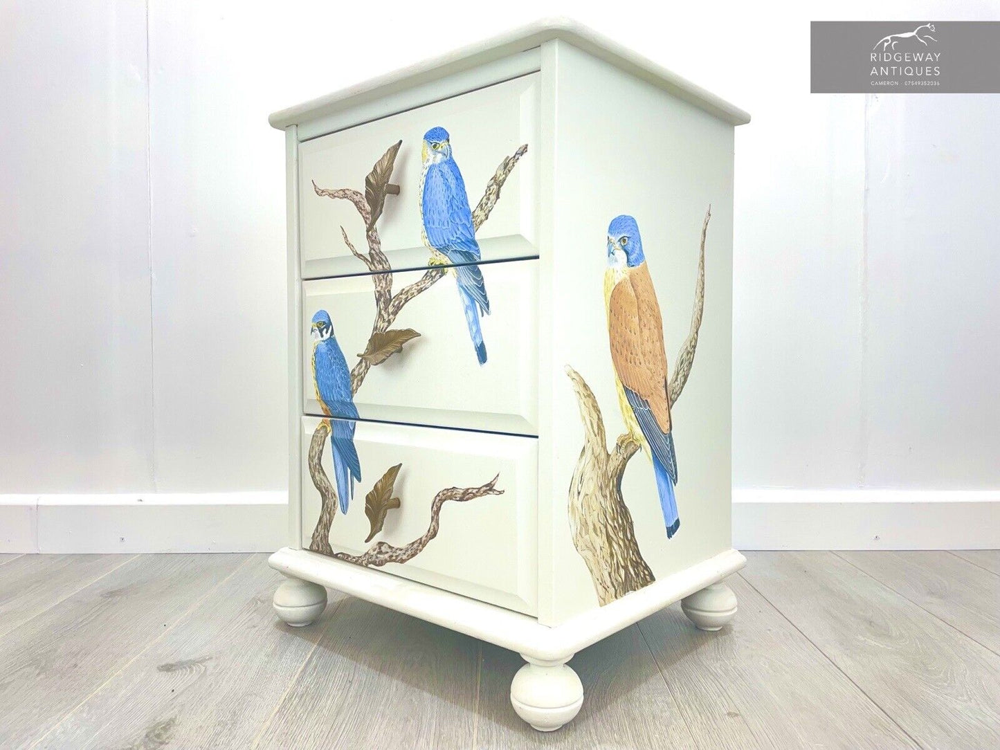 A Hand Painter Bedside Chest of Drawers With Birds of Prey, By Aileen Carash