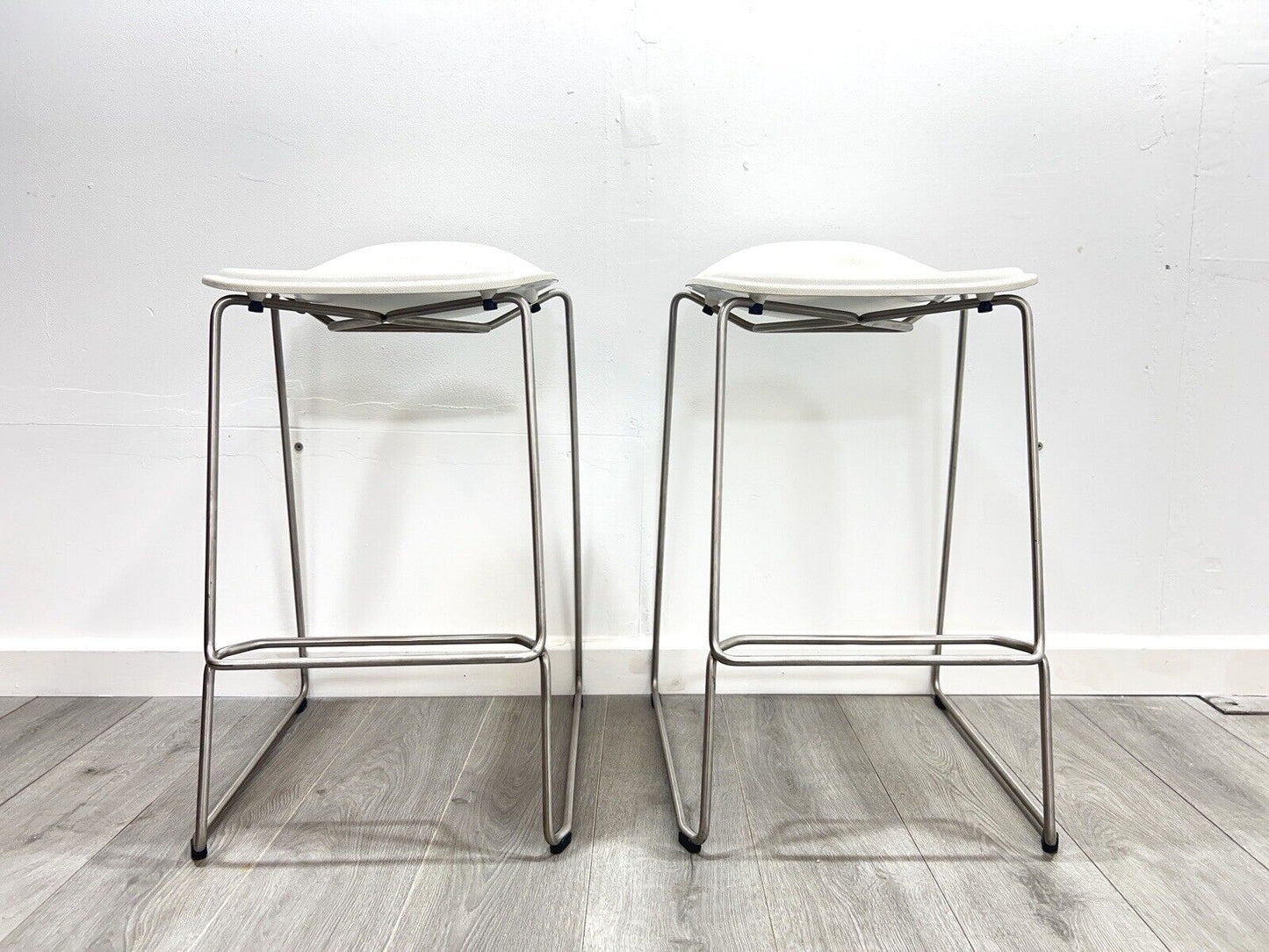Pair of Modern White Leather Stools on a Stainless Steel Base