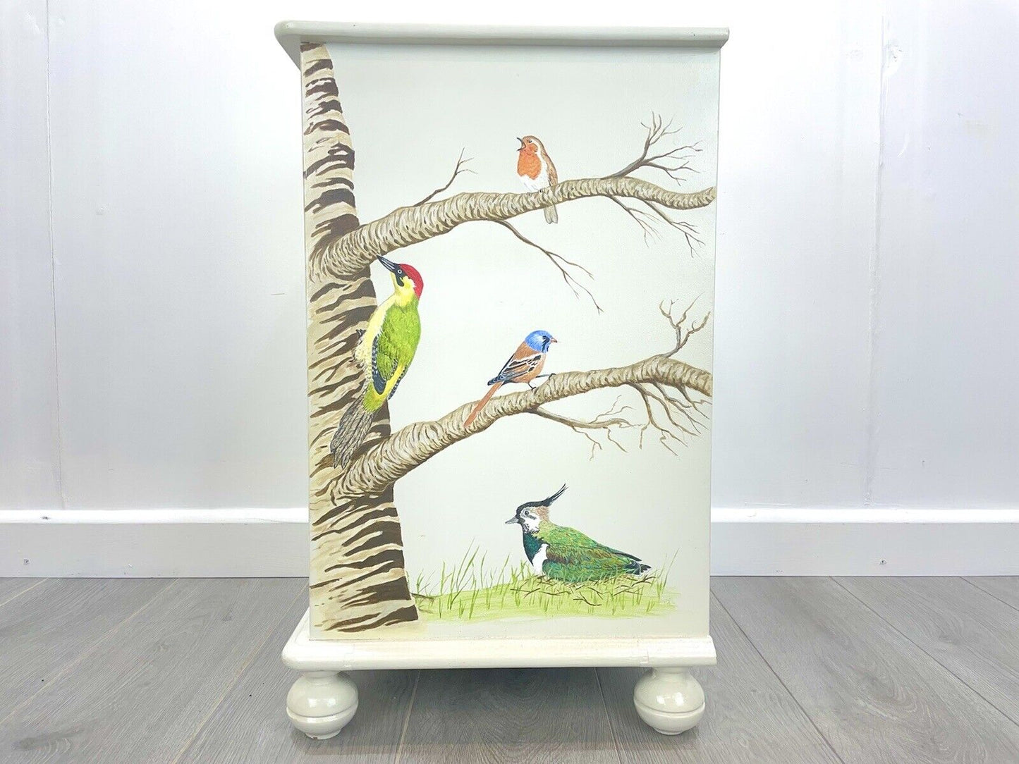 A Hand Painter Bedside Chest of Drawers with British Birds, By Aileen Carash