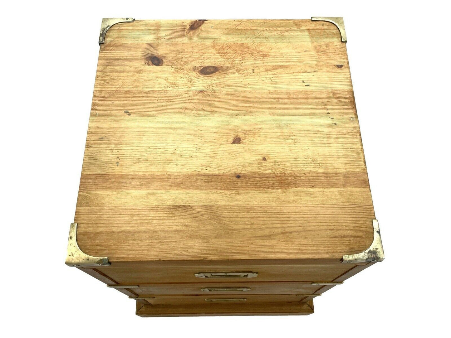 Campaign / Military Style, Brass Bound Pine Bedside Table / Drawers