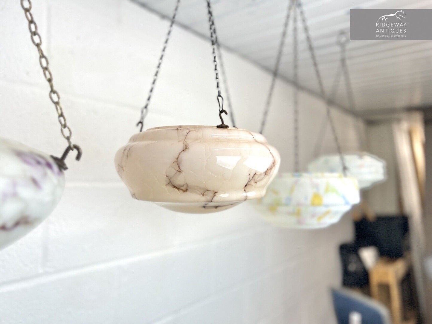 Art Deco, Peach Coloured Glass Ceiling Light Shade / Bowl & Chain