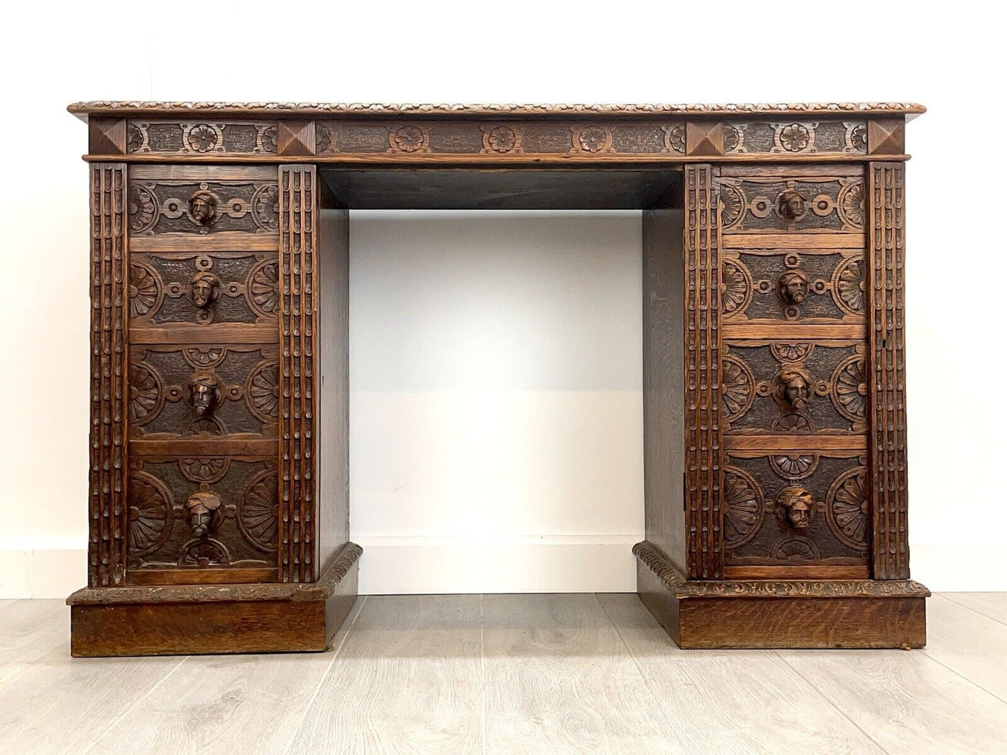 19th Century, Carved Flemish Style Double Pedestal Writing Desk