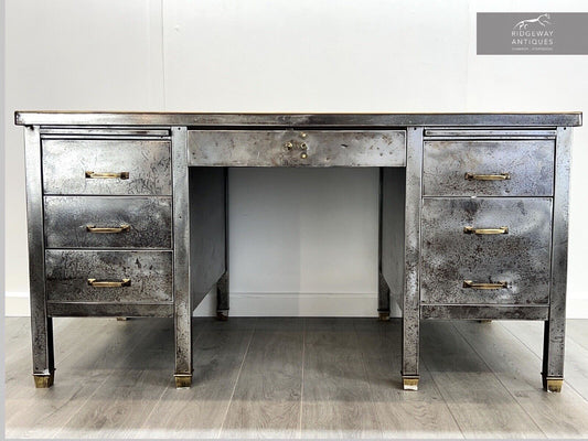 Steel, Brass and Leather Topped Double Pedestal Industrial Desk