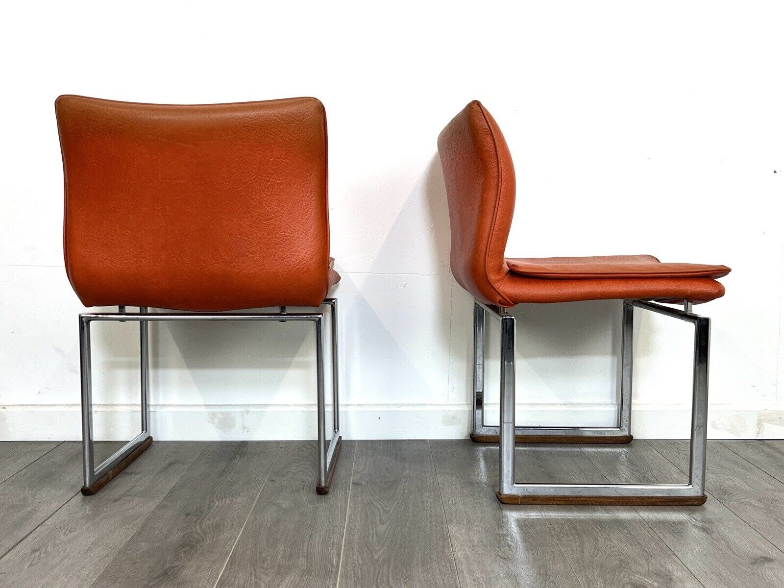 Pieff Epee, Pair of Chrome and Orange Leather Dining Chairs