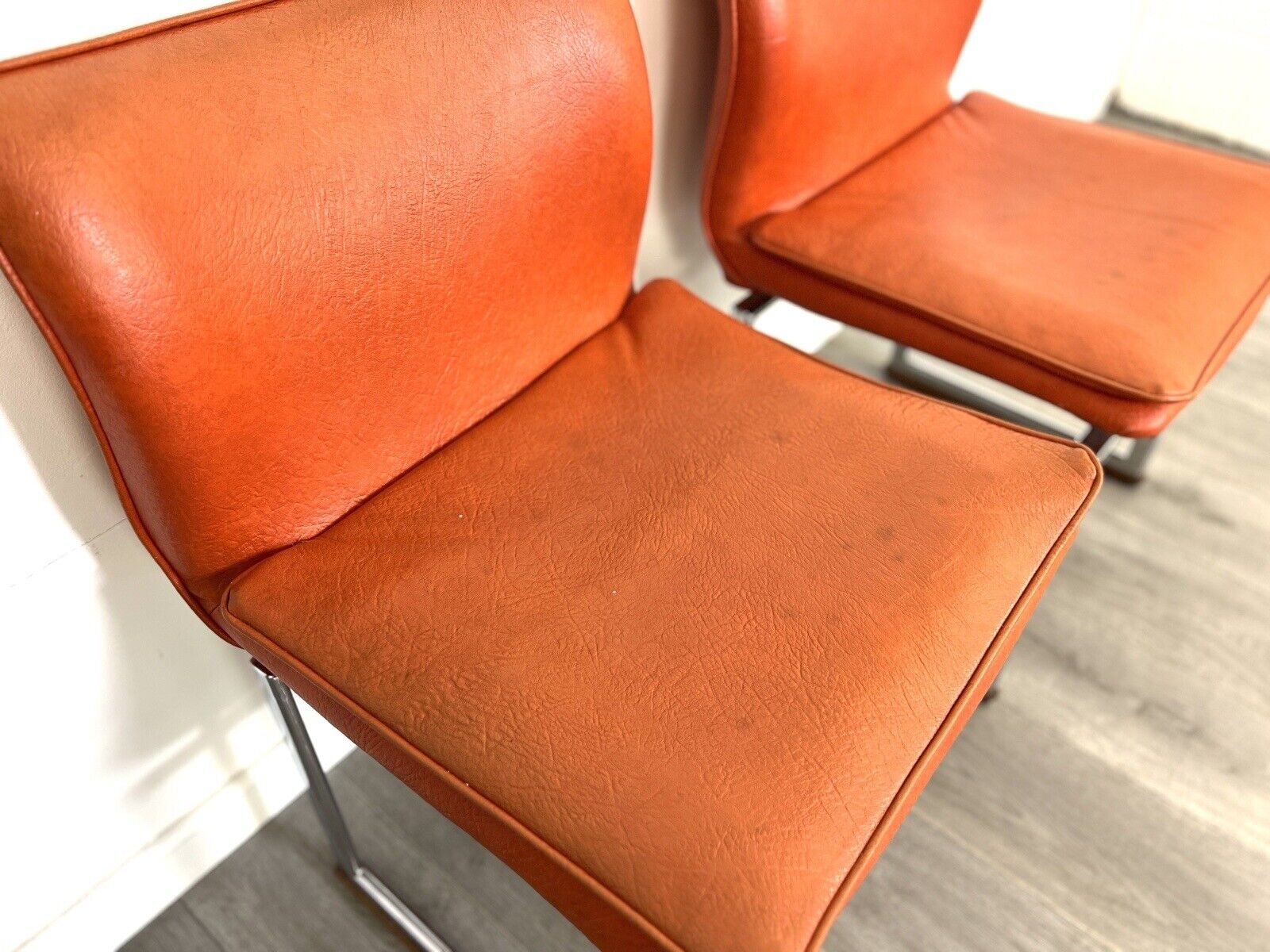 Pieff Epee, Pair of Chrome and Orange Leather Dining Chairs