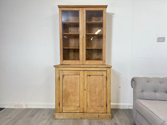 Waxed Pine, Glazed Display Cabinet and Cupboard