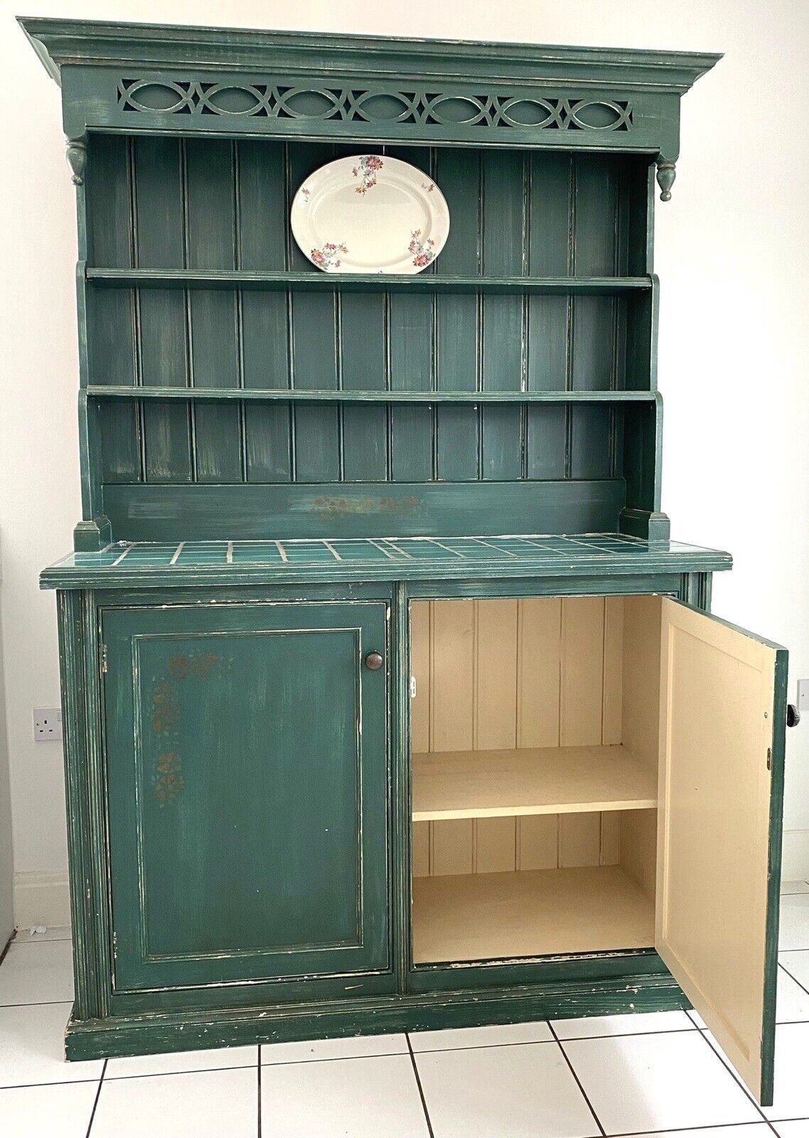 Vintage, Rustic Handmade Green Painted Dresser With Tiled Top