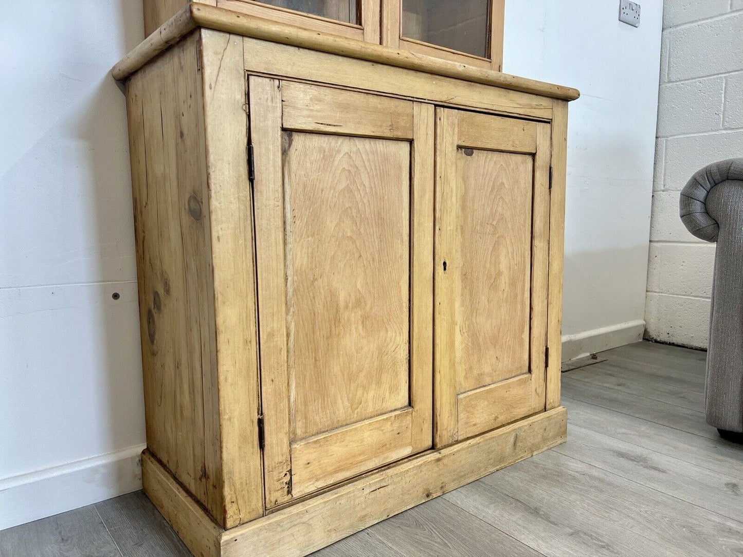 Waxed Pine, Glazed Display Cabinet and Cupboard
