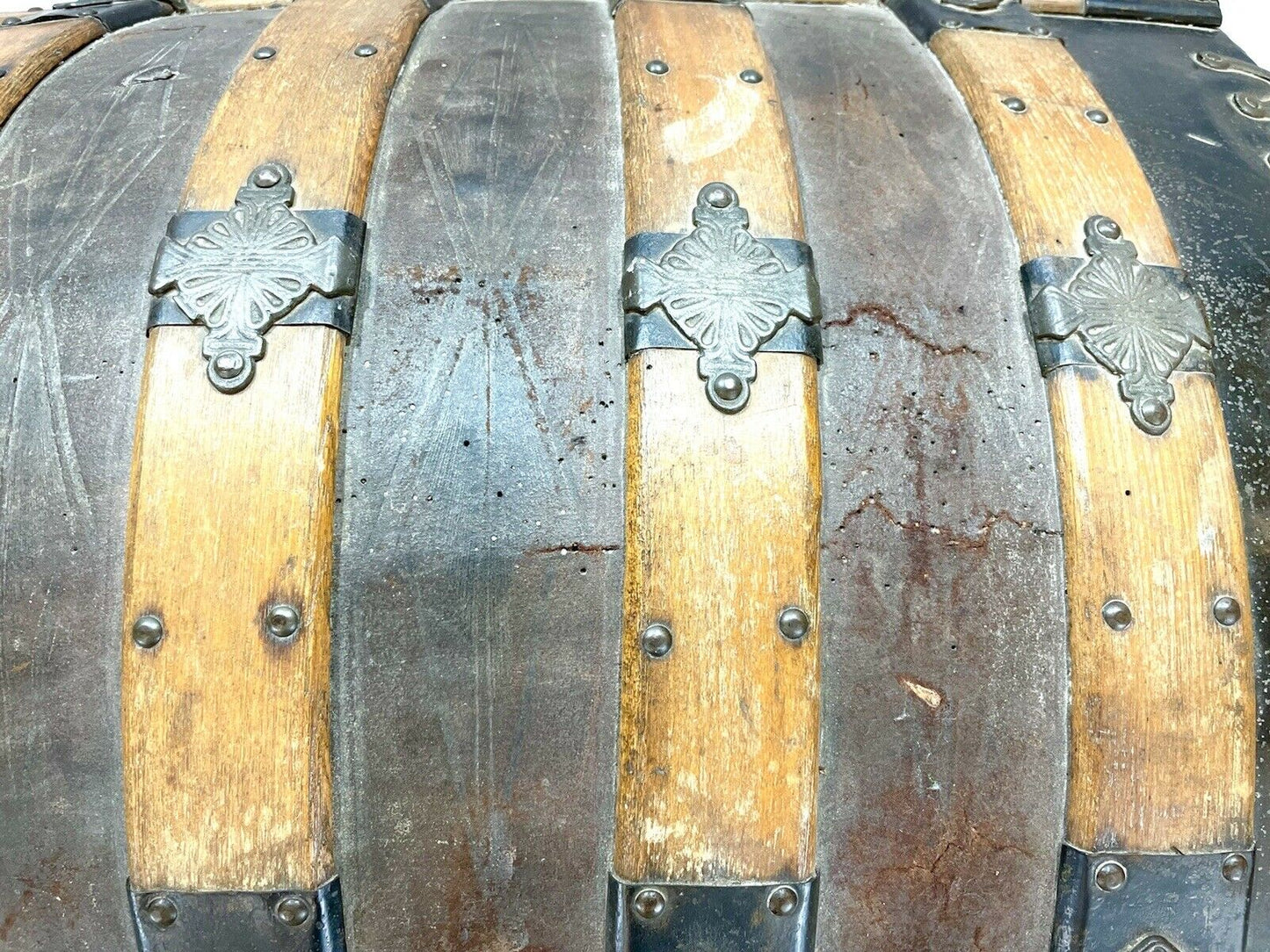 A 19th Century, Dome Topped, Iron Bound Steamer Trunk / Chest With Original Interior