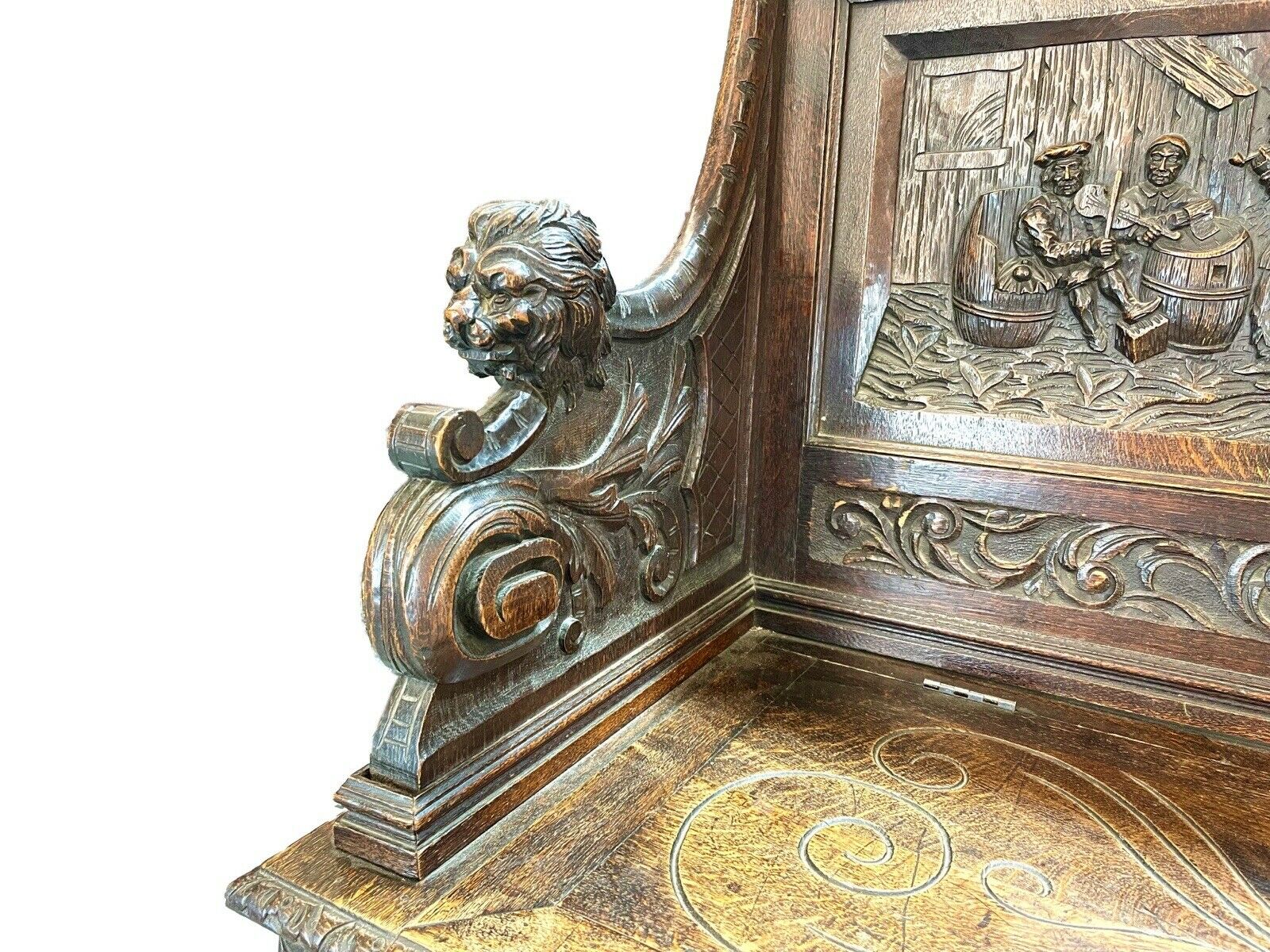 A Carved, 19th Century, Flemish Style, Oak Bench / Settle