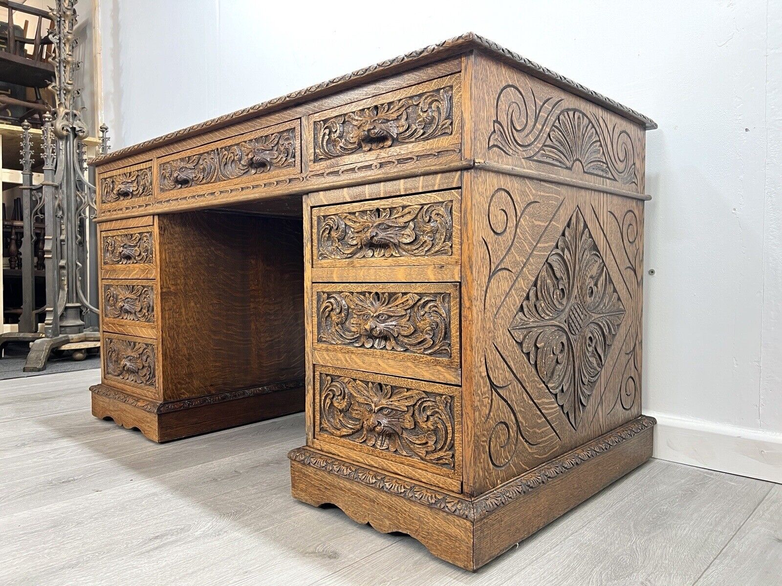 19th Century, Carved Oak, Flemish Style / Green Man Double Pedestal Desk