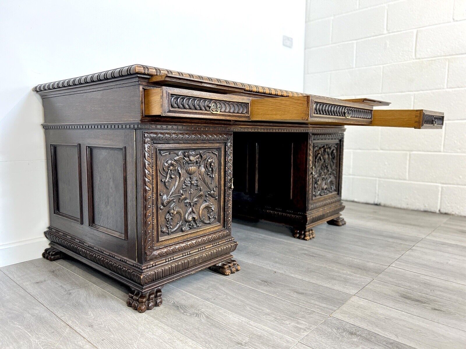 19th Century, Carved Oak Double Pedestal Desk