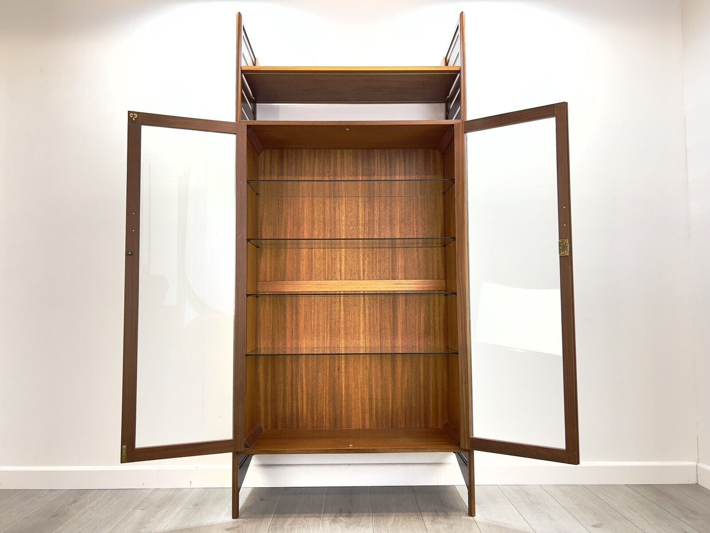 Staples Ladderax, Large Glazed Display Cabinet with Teak Ladders