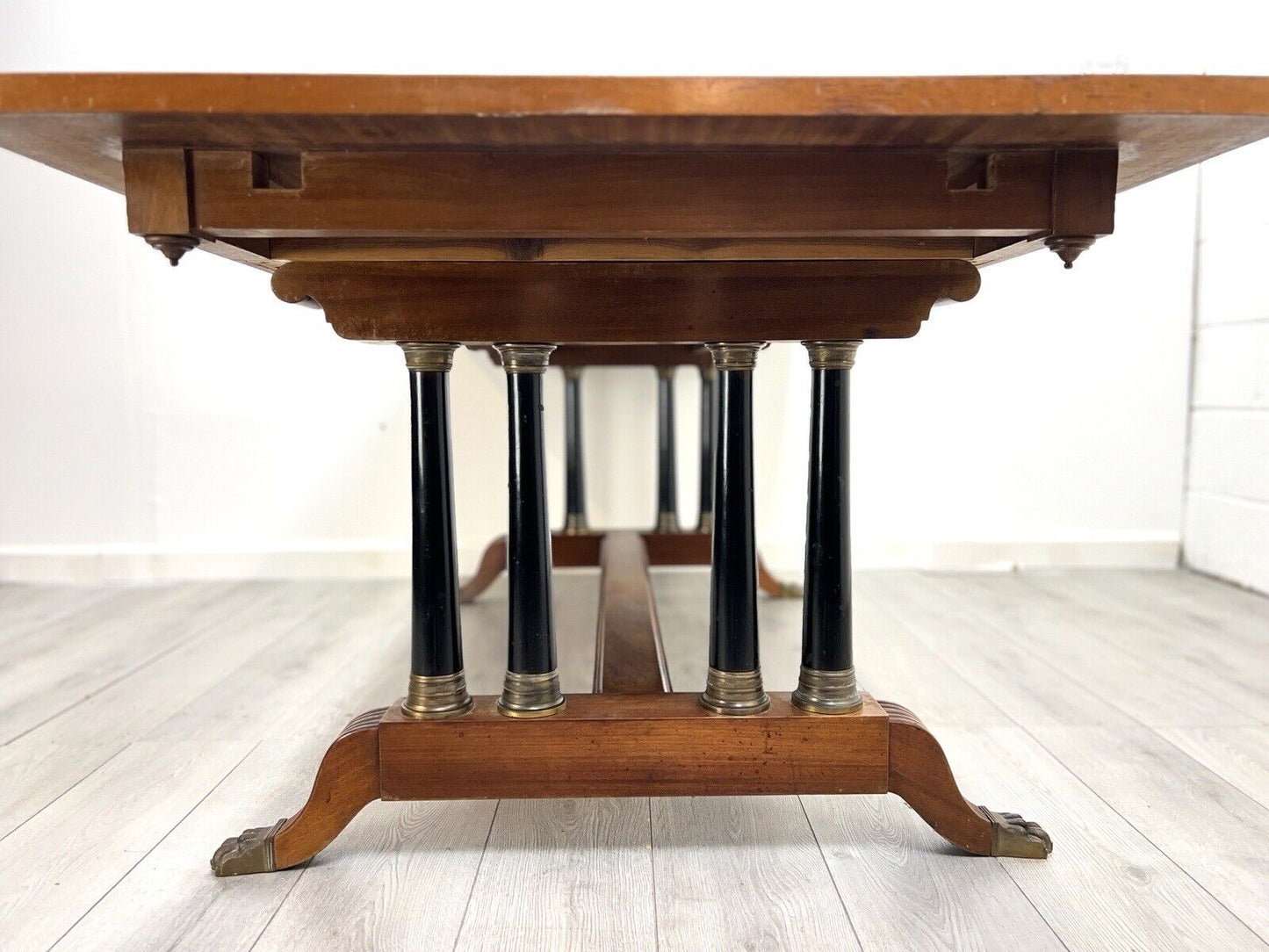 Empire Style, Extending Dining Table with Ebonised Pillars and Brass Details