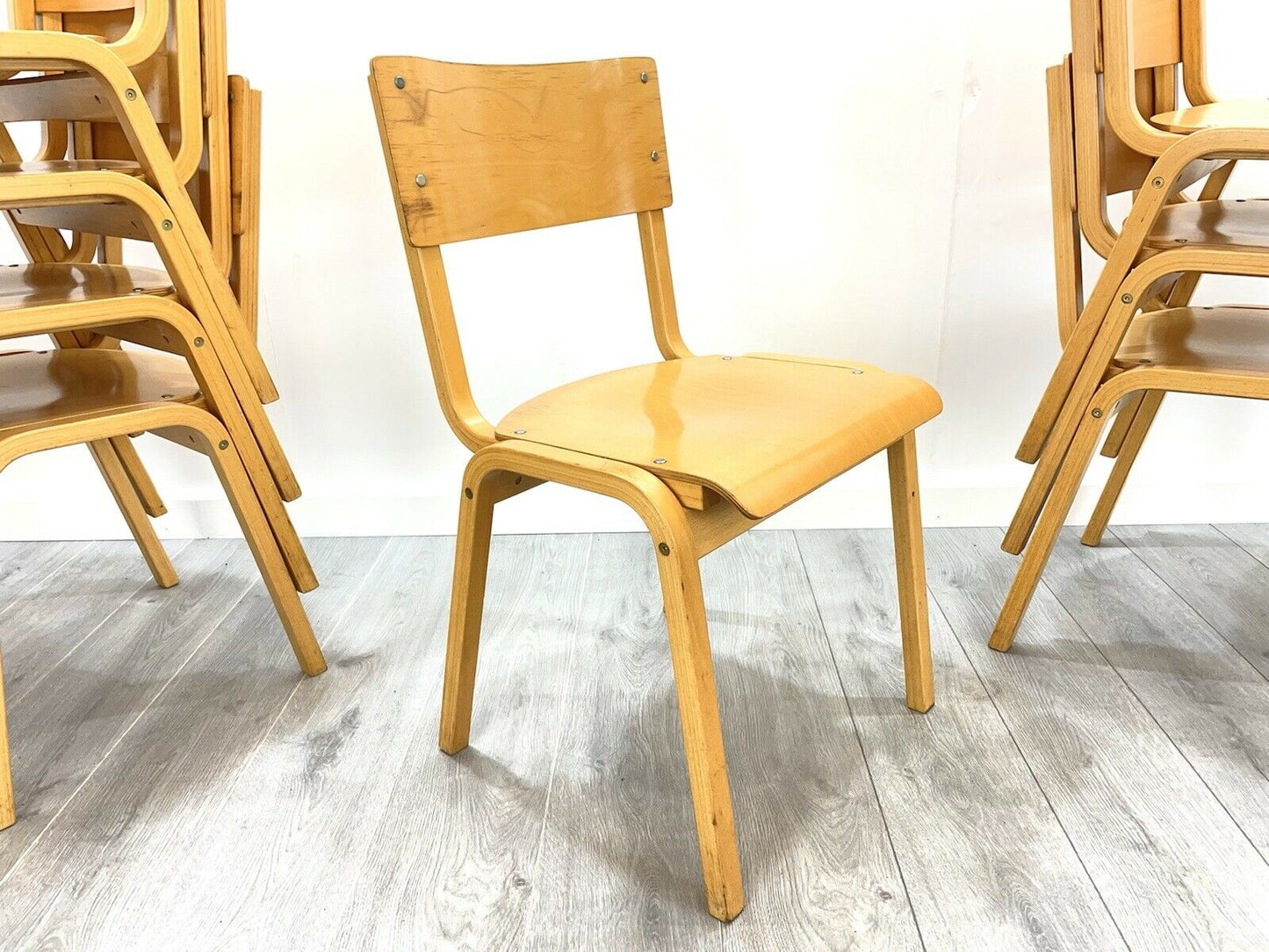Vintage Plywood Stacking Adult Size School Chairs - 8 Available