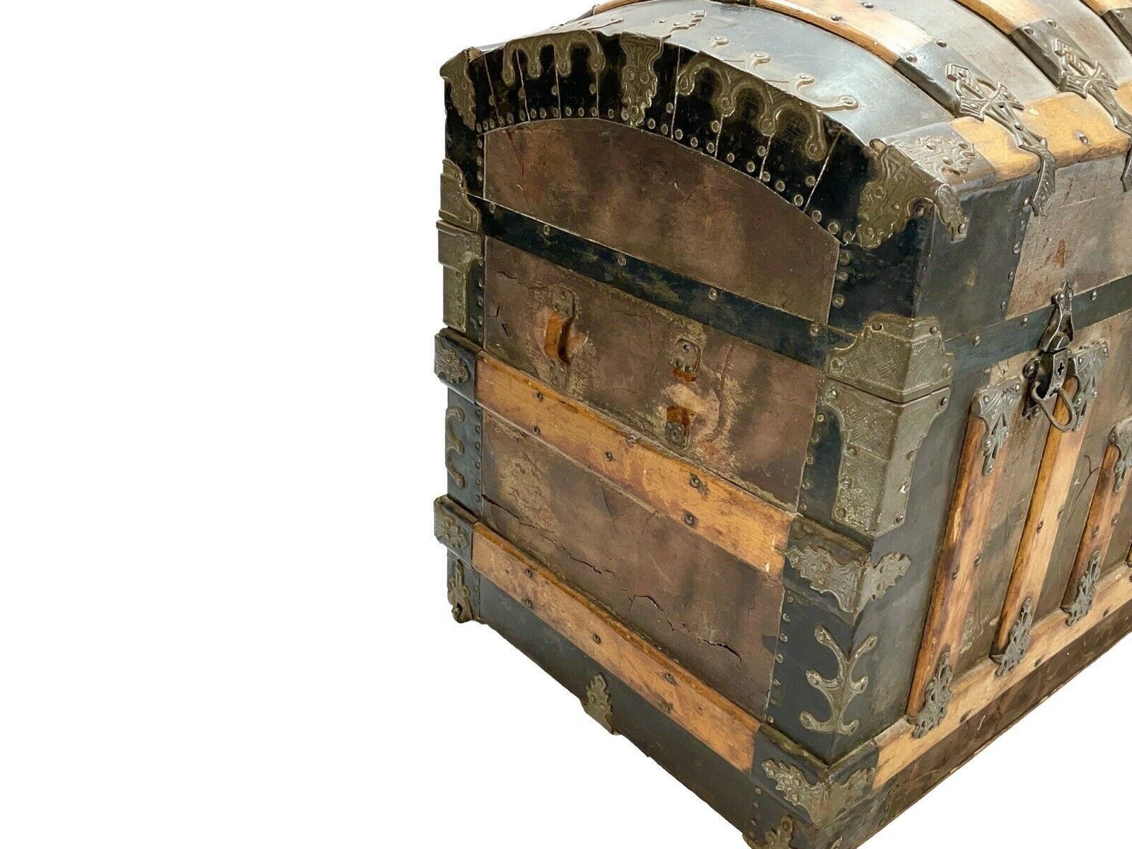 A 19th Century, Dome Topped, Iron Bound Steamer Trunk / Chest With Original Interior