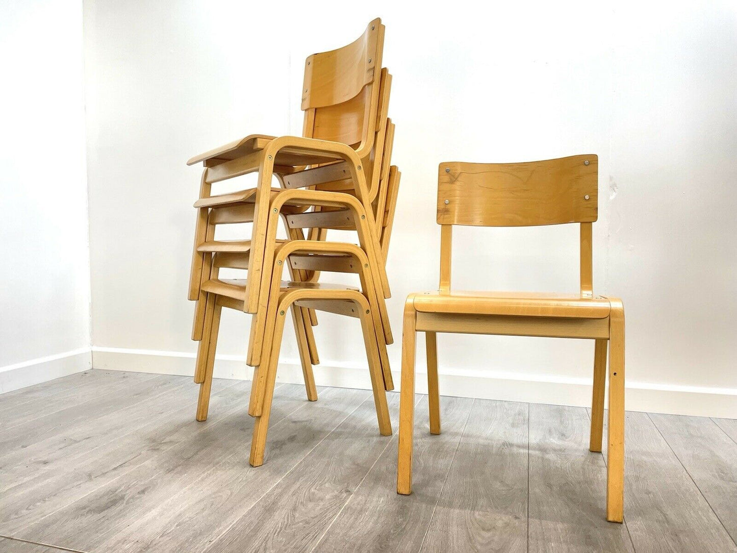Vintage Plywood Stacking Adult Size School Chairs - 8 Available