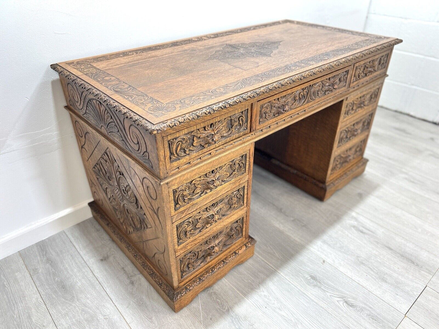 19th Century, Carved Oak, Flemish Style / Green Man Double Pedestal Desk