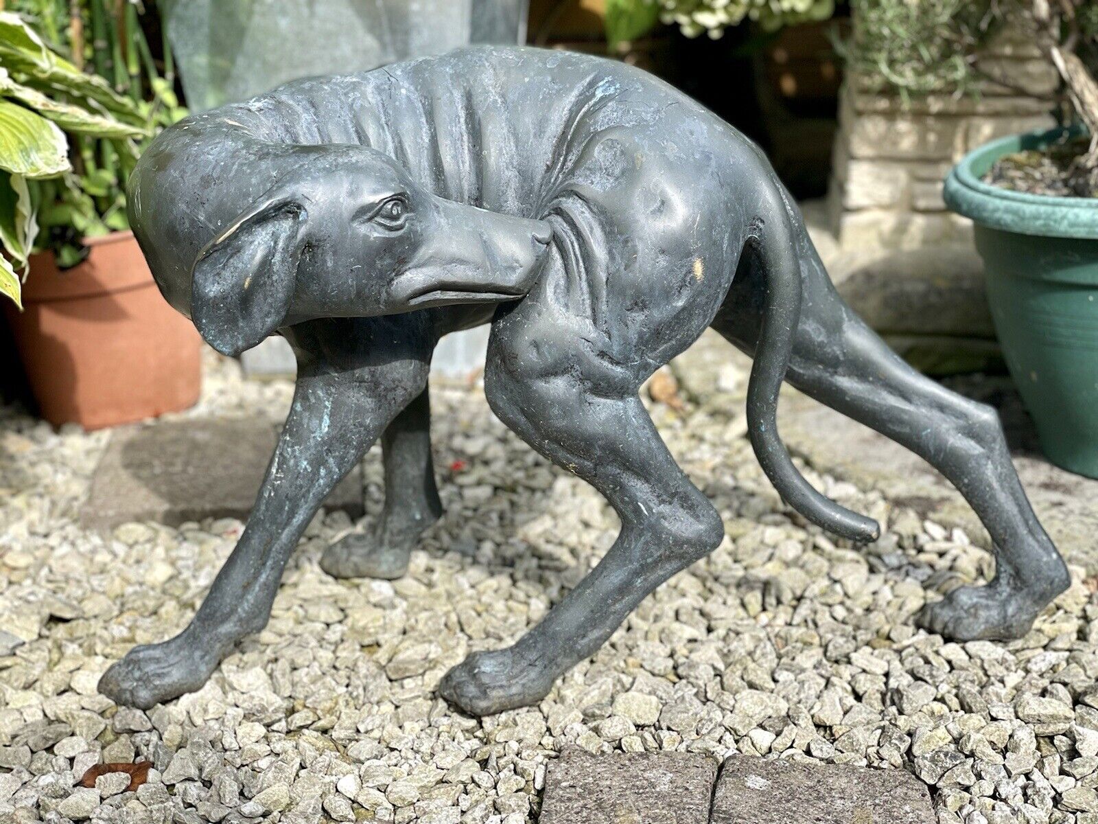 Bronzed Garden Statue of a Dog Nibbling its Rear Leg