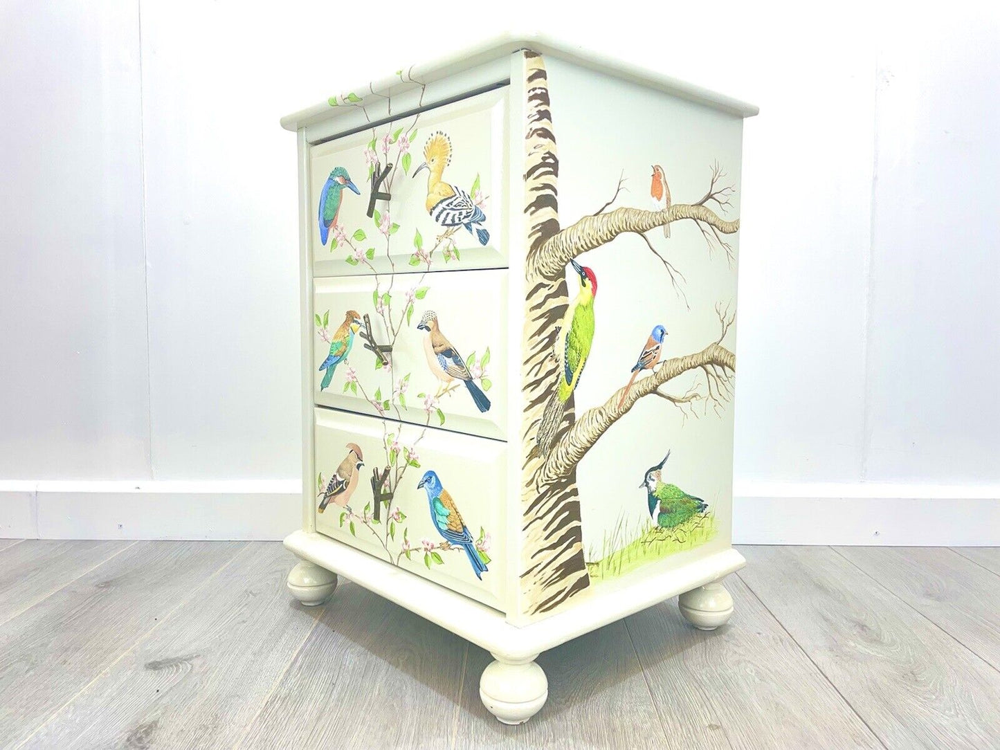 A Hand Painter Bedside Chest of Drawers with British Birds, By Aileen Carash